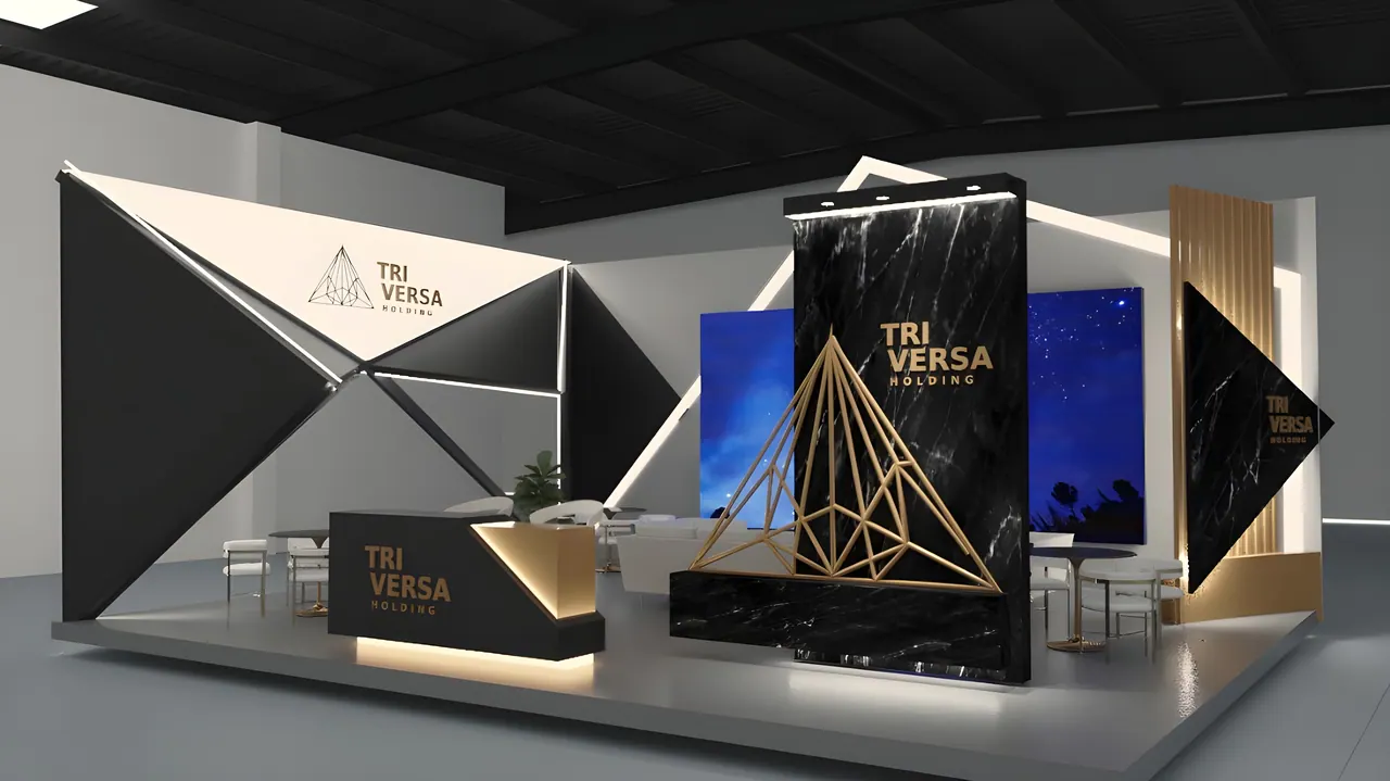 3D render of the Tri Versa Holding exhibition stand designed by KO DESIGN