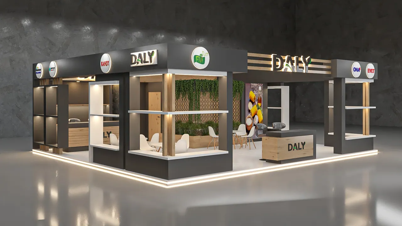 3D render of the DALY exhibition stand designed by KO DESIGN