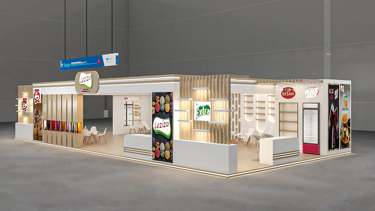 3D render of the Leziza Foods exhibition stand designed by KO DESIGN